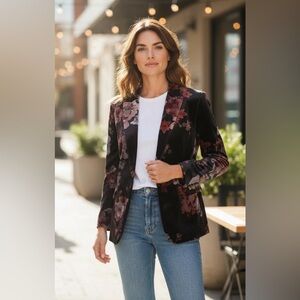 Tahari Womens Velvet Floral Blazer Jacket Size 6 Whimsygoth Fairy Romantic